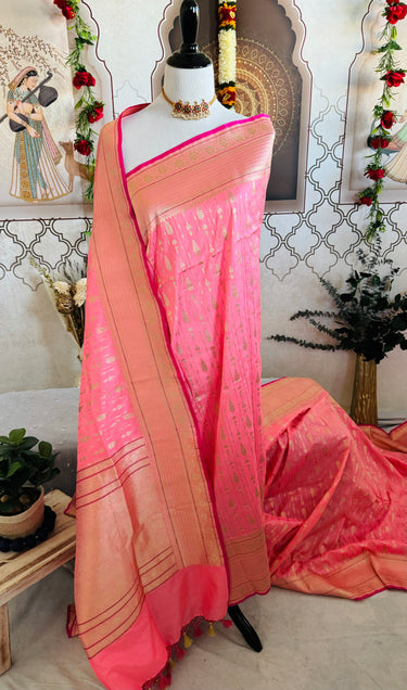 Banarasi Katan Pure Silk Saree | Bright Salmon Pink | Gold Zari | Handwoven | Silk Mark Certified | Ships from California